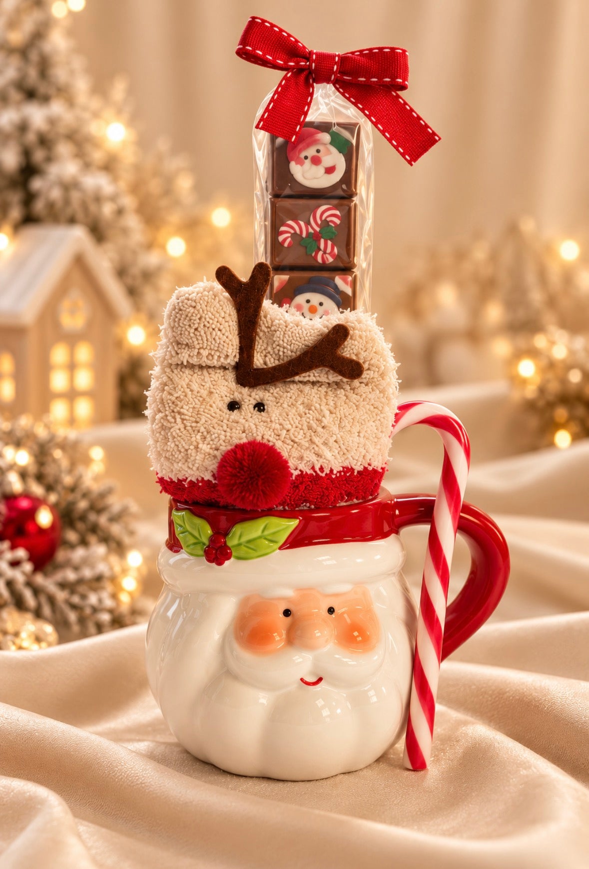 Caneca de Natal com Chocolates, Chupa-Chupa e Meias Fofinhas